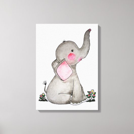 Waterverf Kute Baby Lephant met blozen en bloemen Canvas Afdruk (Voorkant)