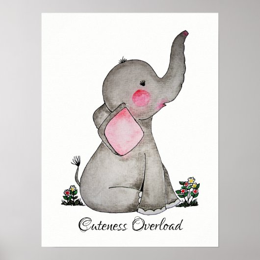 Waterverf Kute Baby Lephant met blozen en bloemen Poster (Voorkant)