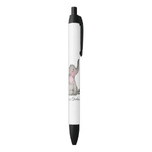 Waterverf Kute Baby Lephant met blozen en bloemen Zwarte Inkt Pen