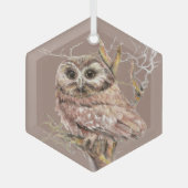 Waterverf Kute Little Owl Bird in Tree Glas Ornament (Voorkant)