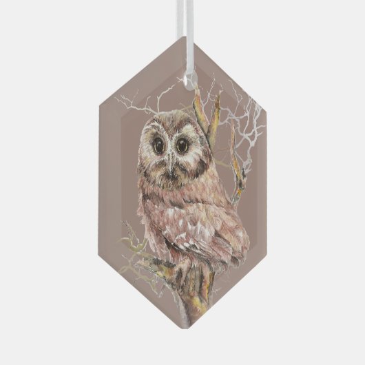 Waterverf Kute Little Owl Bird in Tree Glas Ornament (Voorkant Rechts)
