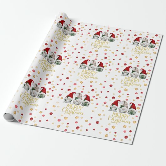 Waterverf Kute Three Gnomen Merry Kerstmis Cadeaupapier (Uitgerold)