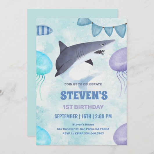 waterverf Kwallen en haai 1e verjaardag Kaart (Voorkant / Achterkant)