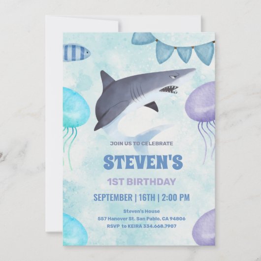 waterverf Kwallen en haai 1e verjaardag Kaart (Voorkant)