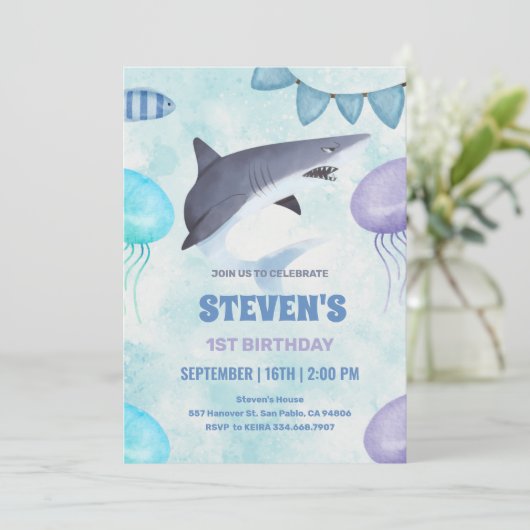 waterverf Kwallen en haai 1e verjaardag Kaart (Staand voorkant)