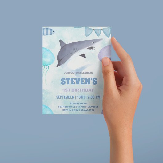 waterverf Kwallen en haai 1e verjaardag Kaart