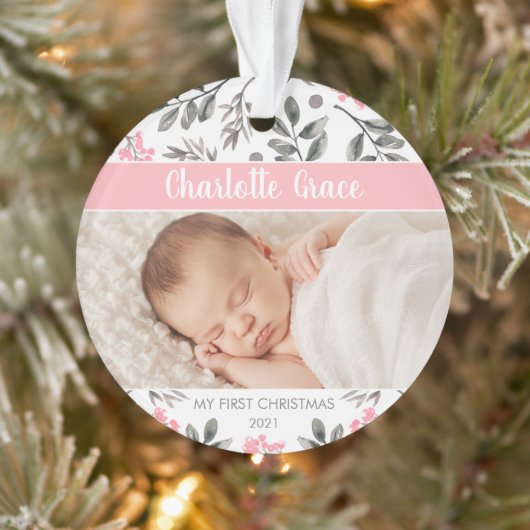 Waterverf laat babymeisje eerste kerstfoto ornament (Boom)