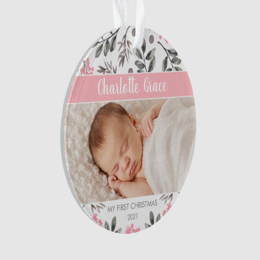 Waterverf laat babymeisje eerste kerstfoto ornament (voorkant)