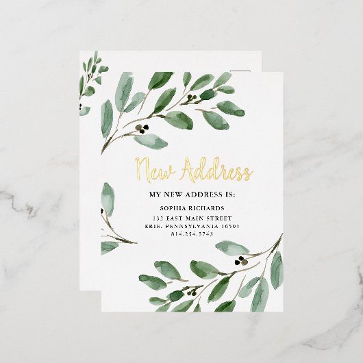 Waterverf laat 'Gold Foil Moving Announge' achter Folie Uitnodiging Briefkaart (Voorkant / Achterkant)