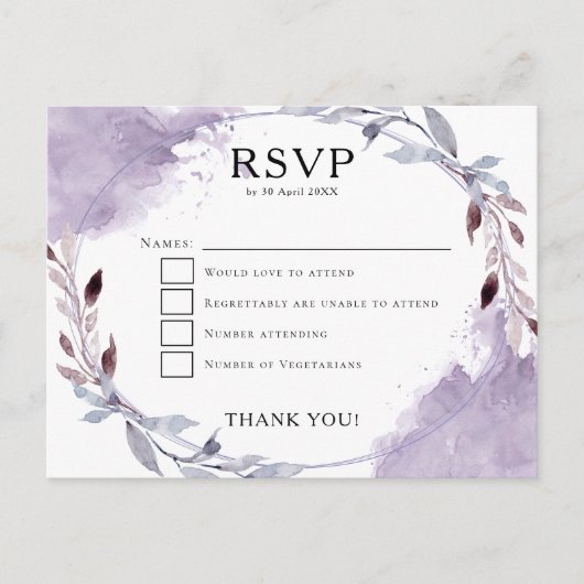 Waterverf laat Paarse Lila Grey Wedding RSVP Briefkaart (Voorkant)