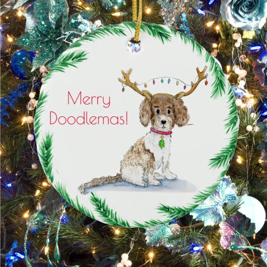 Waterverf Labradoodle Kerstverlichting Gewei Keramisch Ornament