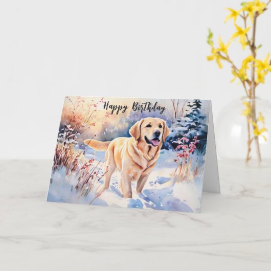 Waterverf labrador dog in sneeuw happy birthday kaart (Gele Bloem)