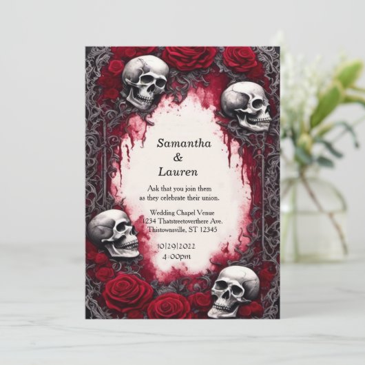 Waterverf Lace Skulls Ingelijste Gothic Bruiloft Kaart (Staand voorkant)
