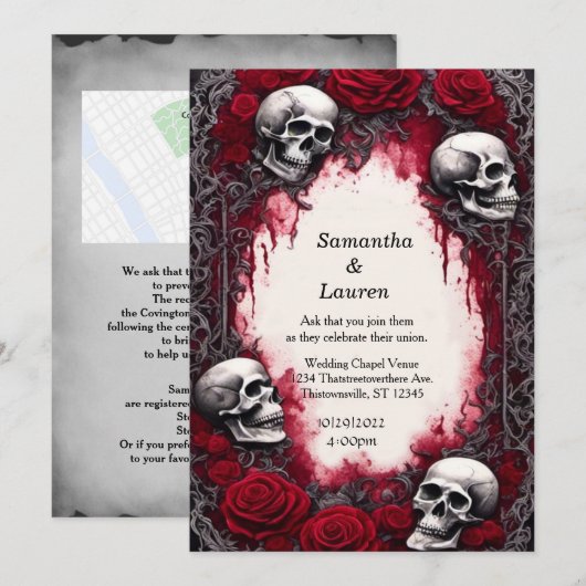 Waterverf Lace Skulls Ingelijste Gothic Bruiloft Kaart (Voorkant / Achterkant)