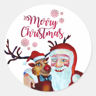 Waterverf Lachende Sinterklaas Rudolf Glimlachende Ronde Sticker
