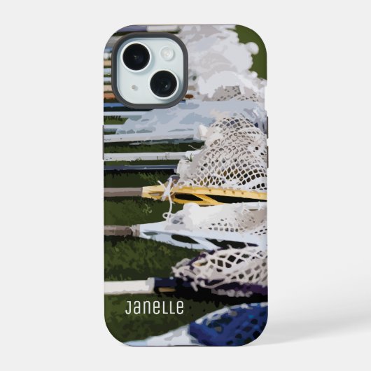 Waterverf Lacrosse Sticks iPhone 15 Case (Achterkant)