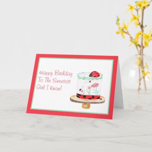 Waterverf Lady Bug Cake Happy Birthday Kaart (Gele Bloem)