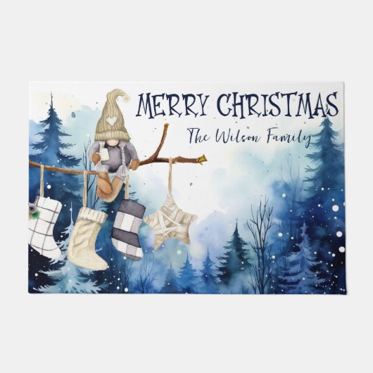 Waterverf Lady Gnome Blauw Bos Vrolijk kerstfeest Deurmat (Voorkant)