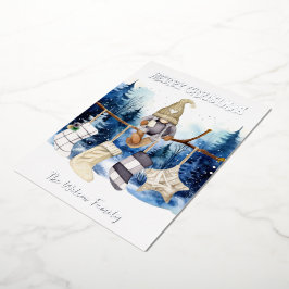 Waterverf Lady Gnome Blauw Bos Vrolijk kerstfeest Folie Feestdagenkaart