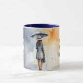 Waterverf Lady Regen met Paraplu Grijs Jurk Mok (Midden)