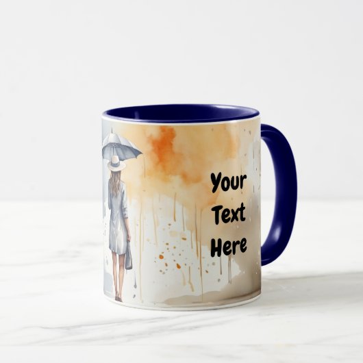 Waterverf Lady Regen met Paraplu Grijs Jurk Mok (Voorkant rechts)