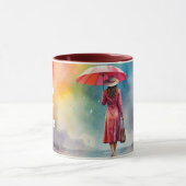 Waterverf Lady Regen met Paraplu Grijs Jurk Mok (Midden)