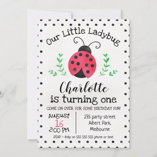 Waterverf Ladybug Birthday-uitnodiging Kaart (Voorkant)