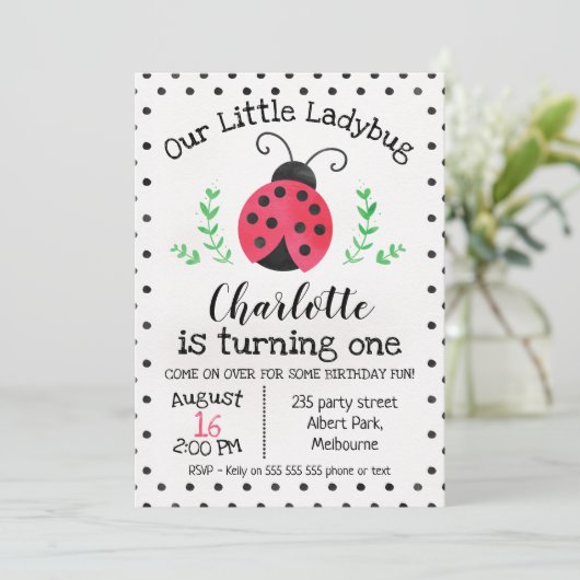 Waterverf Ladybug Birthday-uitnodiging Kaart (Staand voorkant)