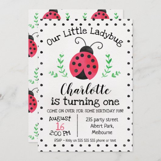 Waterverf Ladybug Birthday-uitnodiging Kaart (Voorkant / Achterkant)