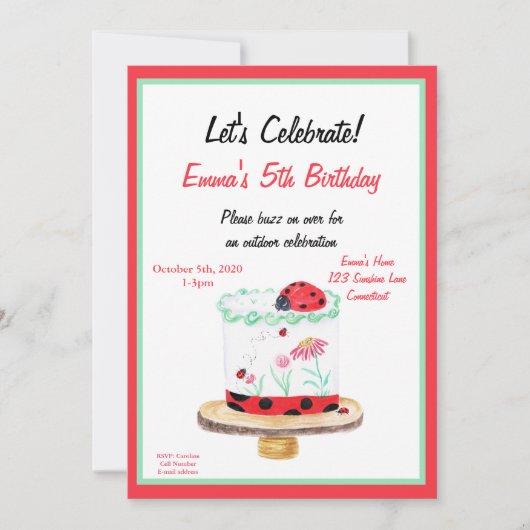 Waterverf Ladybug Cake Birthday Kaart (Voorkant)