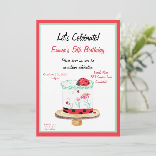 Waterverf Ladybug Cake Birthday Kaart (Staand voorkant)