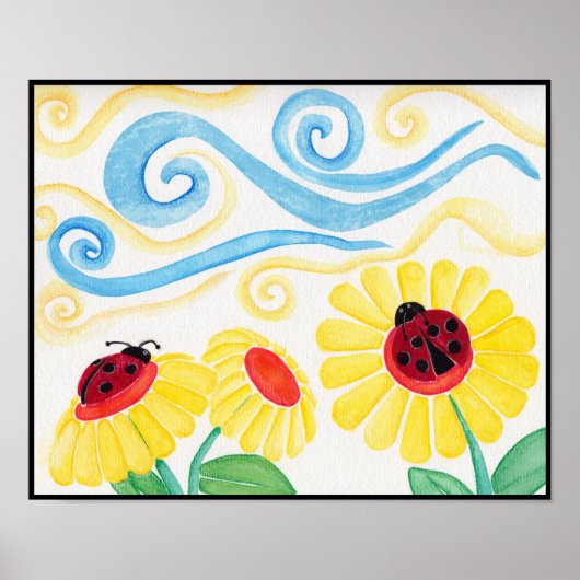 Waterverf Ladybug & Flowers Print (Voorkant)