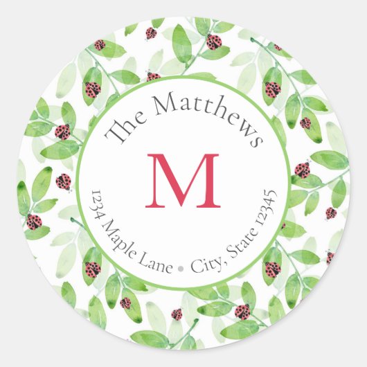 Waterverf Ladybugs- en lederen patroonlabels Ronde Sticker (Voorkant)