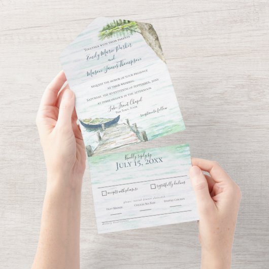 Waterverf Lake Blue kano bruiloft All In One Uitnodiging (Afscheurbaar)