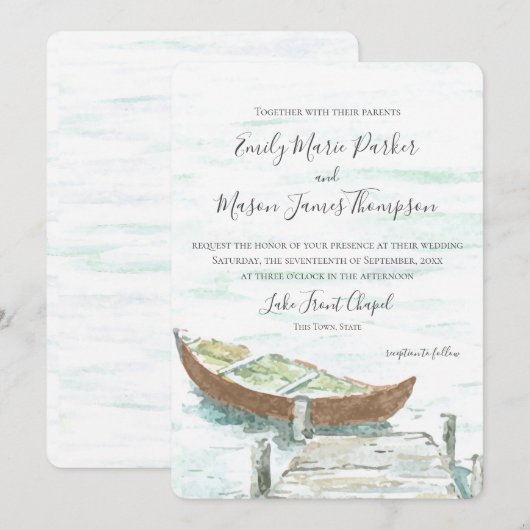 Waterverf Lake Canoe bruiloft Kaart (Voorkant / Achterkant)
