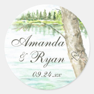 Waterverf Lake en Carve Tree Heart Ronde Sticker