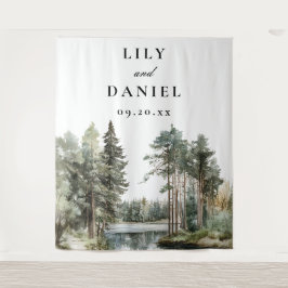 Waterverf Lake Forest bruiloft foto achtergrond Wandkleed