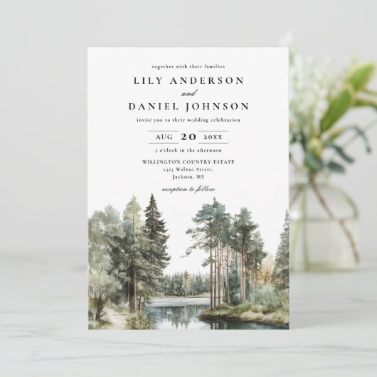 Waterverf Lake Forest Woodland Fotobruiloft Kaart (Staand voorkant)
