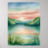Waterverf Lake Landschap met bergen en zonsonderga Poster (Voorkant)