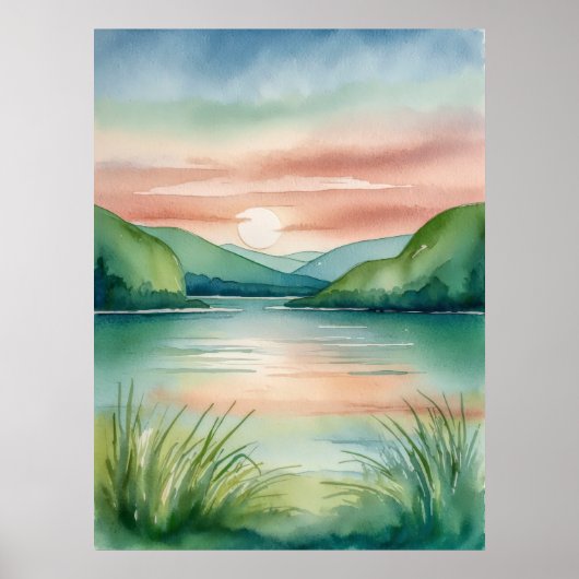 Waterverf Lake Landschap met bergen en zonsonderga Poster (Voorkant)