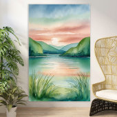 Waterverf Lake Landschap met bergen en zonsonderga Poster