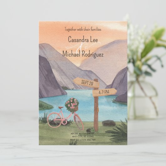Waterverf Lake met fietsenlandschap Bruiloft Kaart (Staand voorkant)