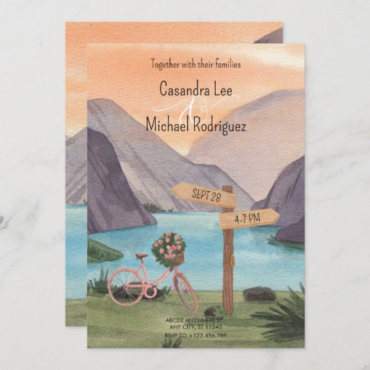 Waterverf Lake met fietsenlandschap Bruiloft Kaart (Voorkant / Achterkant)