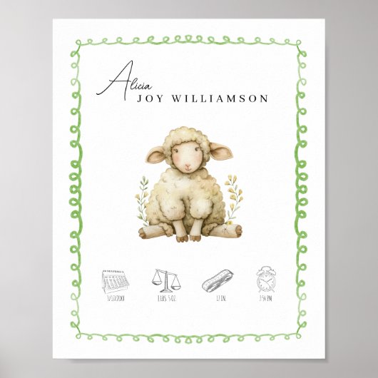  Waterverf Lam Geboortegegevens Kwekerij Poster (Voorkant)