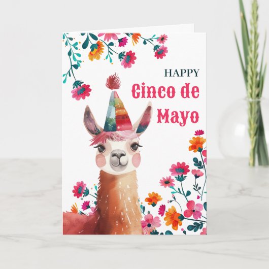 Waterverf Lama Fuchsia Floral Happy Cinco de Mayo Feestdagen Kaart (Voorkant)