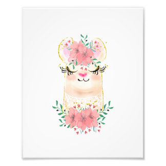Waterverf Lama met Bloemen Foto Afdruk