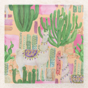 Waterverf lama's, cactussen: naadloos patroon. glazen onderzetter