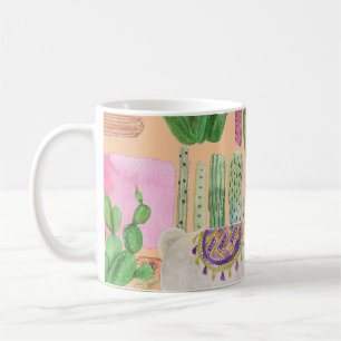 Waterverf lama's, cactussen: naadloos patroon. koffiemok