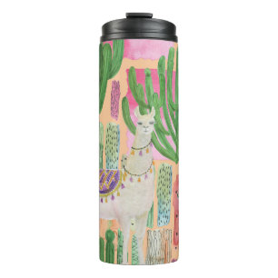 Waterverf lama's, cactussen: naadloos patroon. thermosbeker