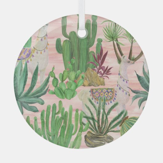 Waterverf lama's en cactussen. glas ornament (Voorkant)